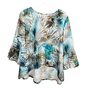 Bryn Walker Tropical Floral 100% Linen Ruffle Sleeve Tunic - Size L